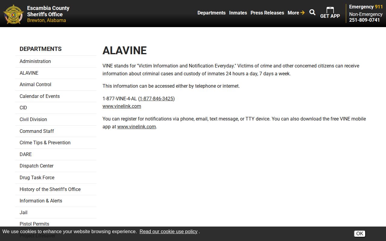 Escambia County ALAVINE custody and booking notification options
