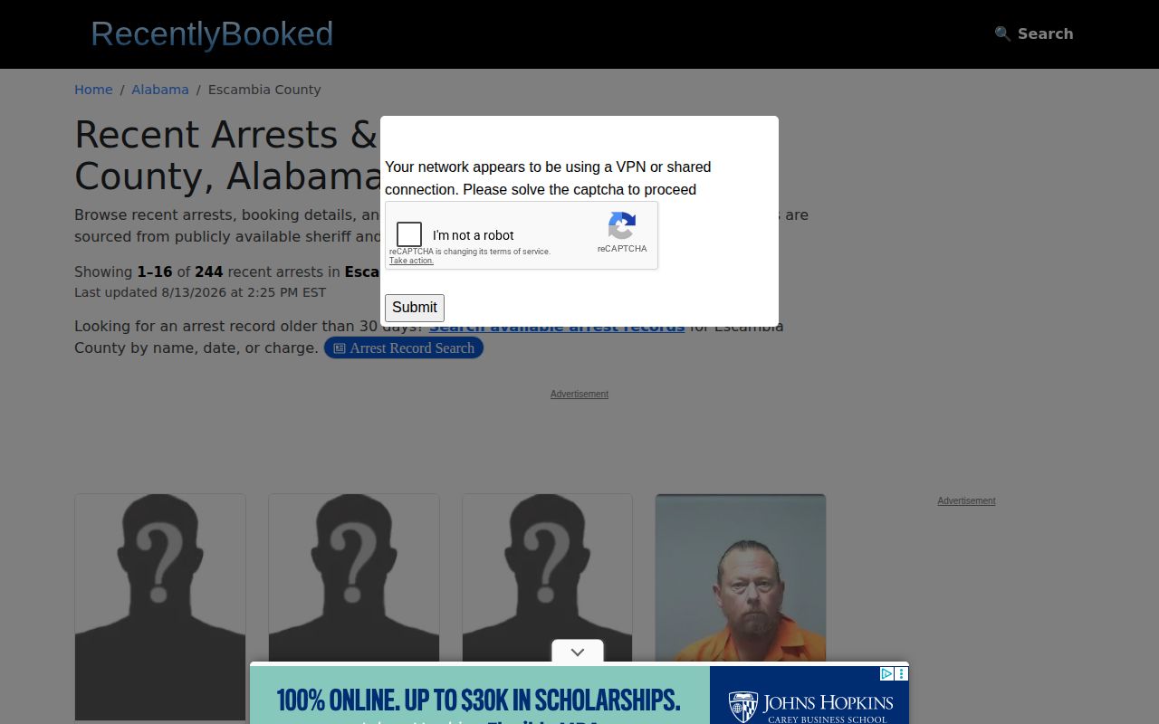 Unofficial Recently Booked Escambia County booking record section